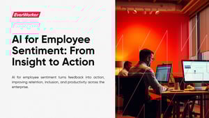 Business professionals working on computers in a modern office with red lighting, alongside headline text promoting EverWorker AI for employee sentiment to turn workforce feedback into action.
