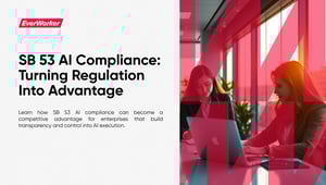 Two enterprise professionals reviewing AI compliance strategy on laptops with EverWorker branding overlay.