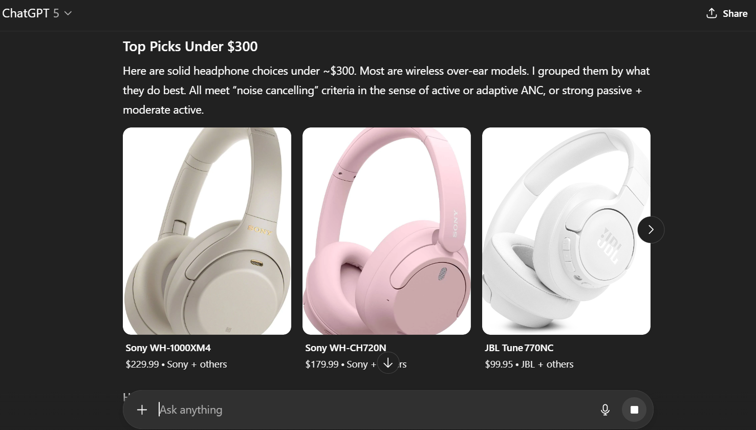 image of chatgpt search results for headphones under 300 dollars.