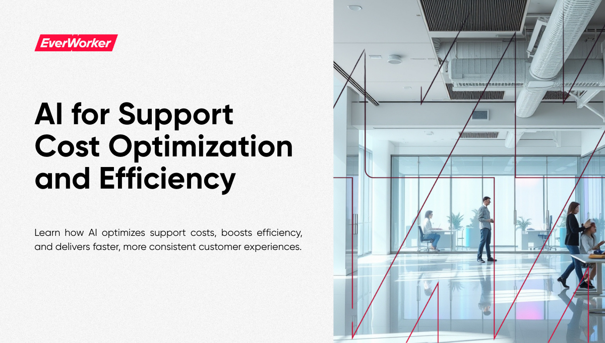 Office team collaborating in modern workspace with EverWorker AI support cost optimization and efficiency branding.