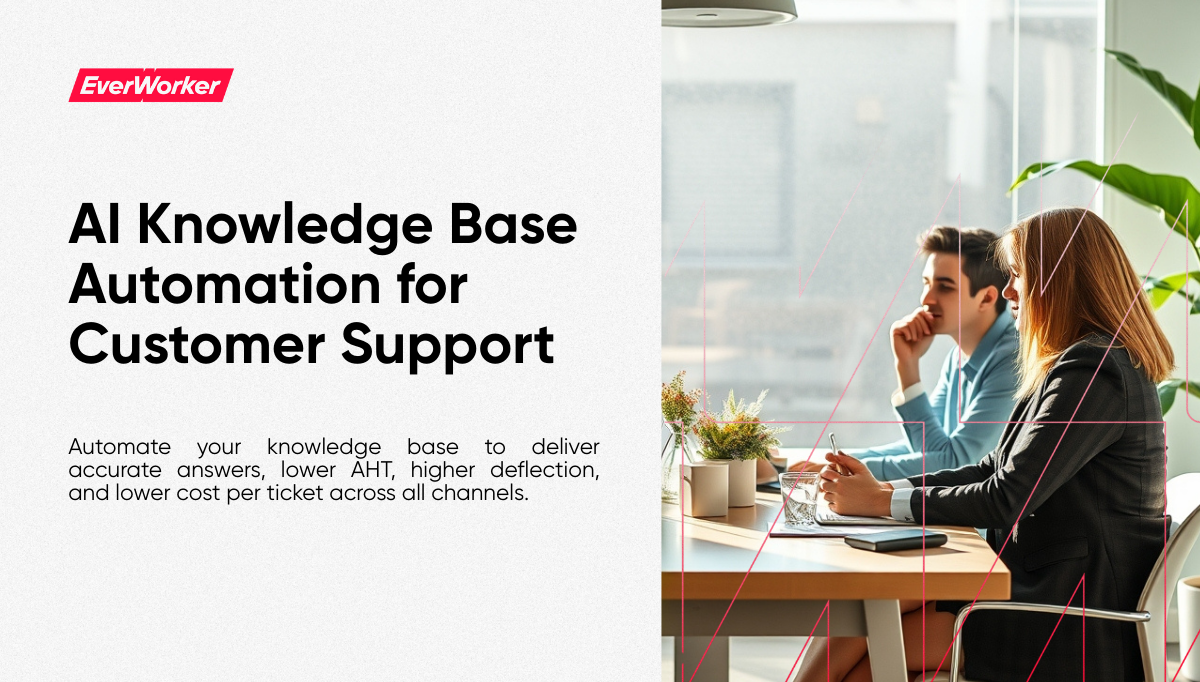 AI Knowledge Base Automation for Customer Support banner, EverWorker, two people in bright office, lower AHT, higher deflection, reduced cost per ticket.