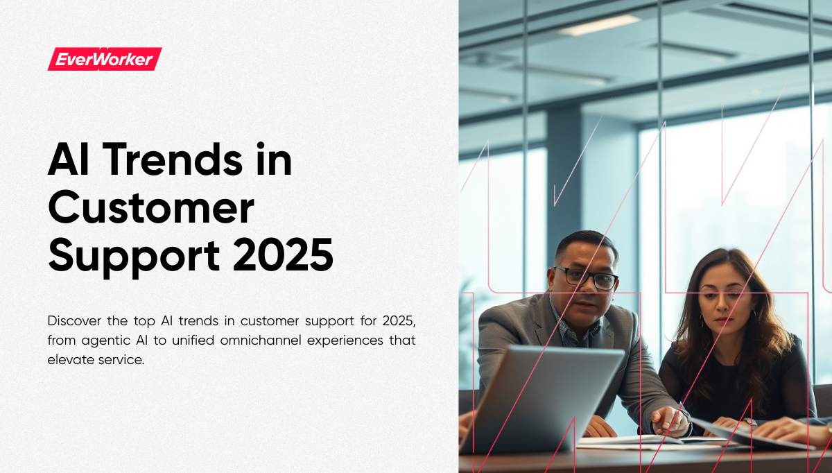 Business leaders reviewing AI strategy on a laptop in a modern office, illustrating EverWorker’s 2025 AI trends in customer support.