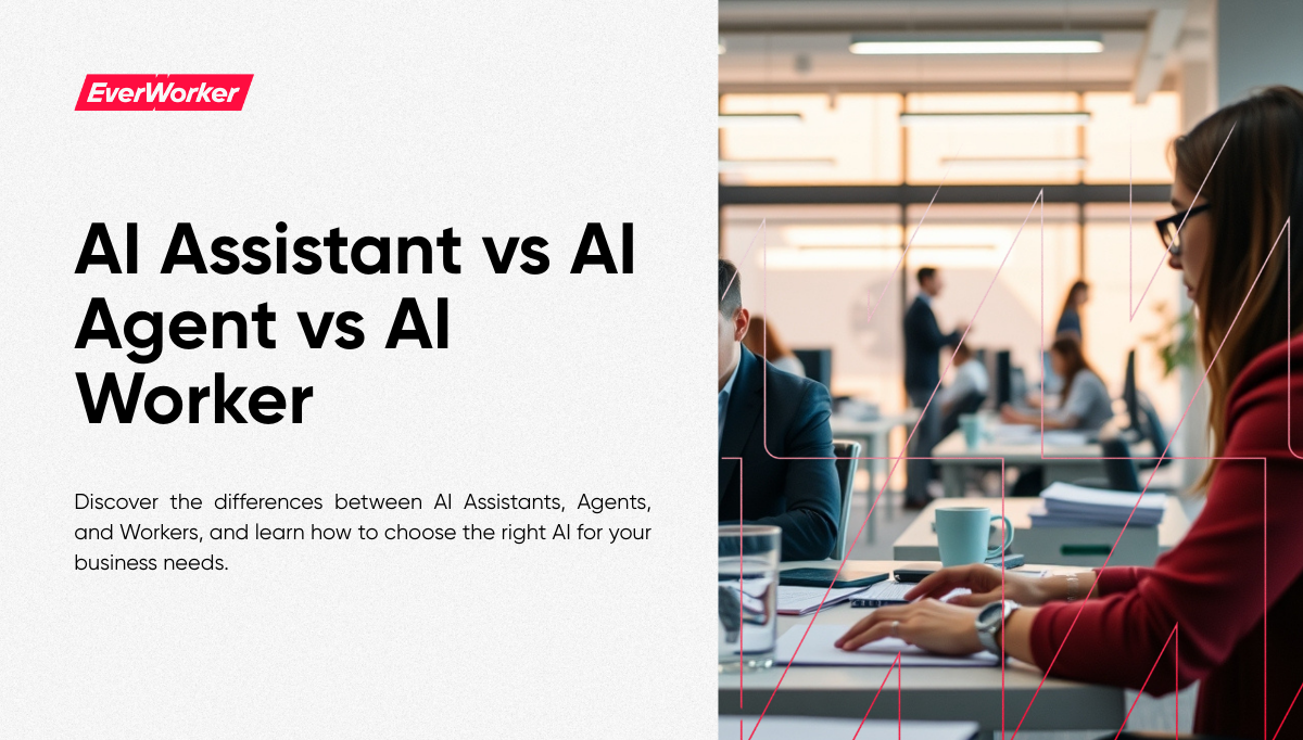 AI Assistant vs AI Agent vs AI Worker guide by EverWorker, explaining differences to help business leaders choose the right AI.