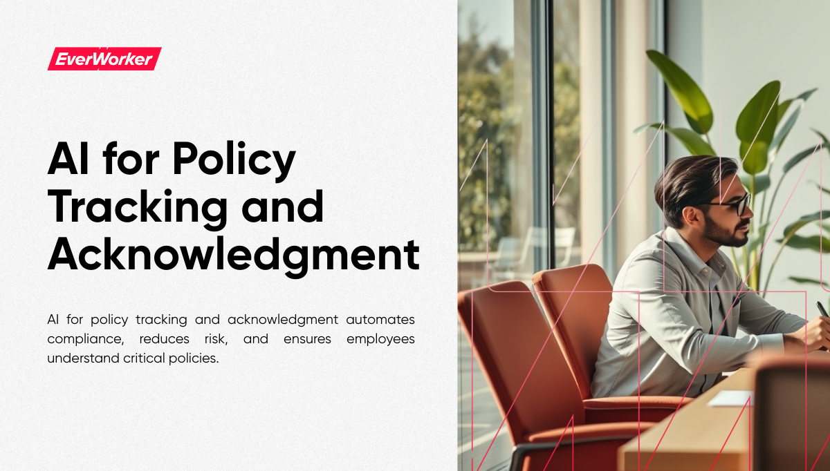 Business professional reviewing compliance policies with AI for policy tracking and acknowledgment.