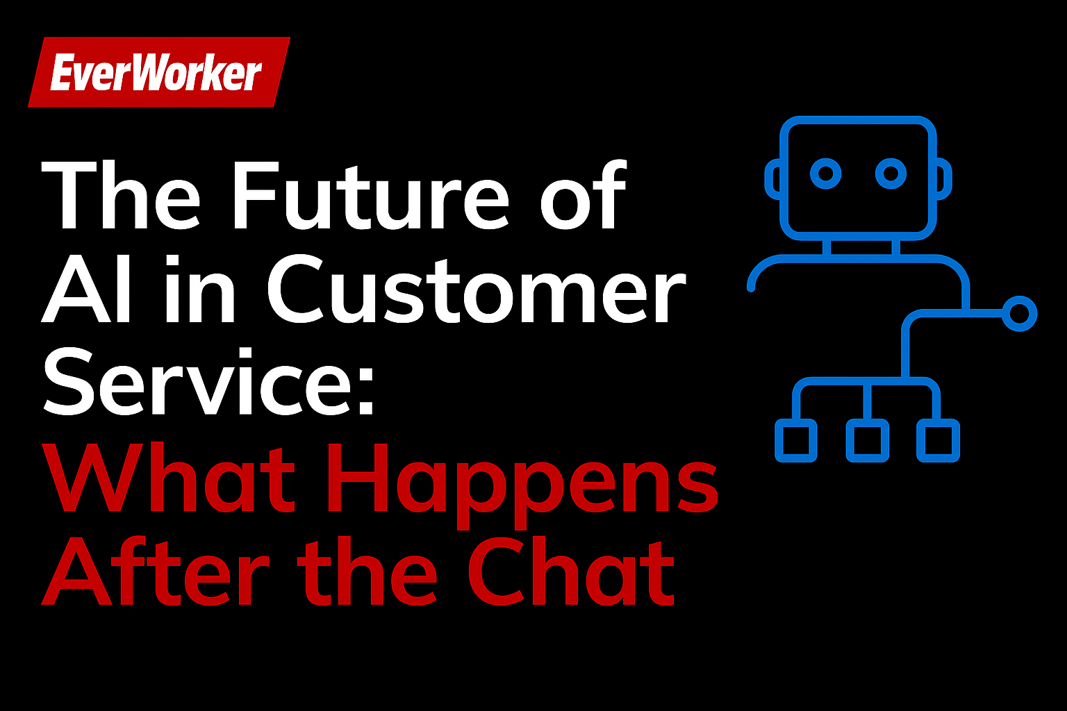 EverWorker graphic titled 'The Future of AI in Customer Service: What Happens After the Chat,' featuring bold white and red text on a black background with a blue robot icon, designed in a horizontal layout consistent with EverWorker brand style.